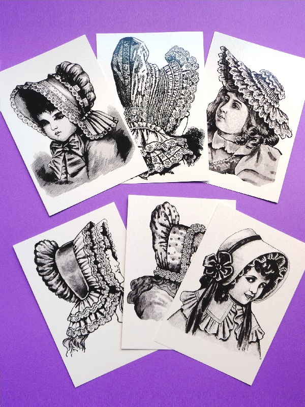 SUMMER BONNETS: A gorgeous set of 6 A6 postcards of Madame Weigel's Sun Bonnet Patterns (1886-1909).
